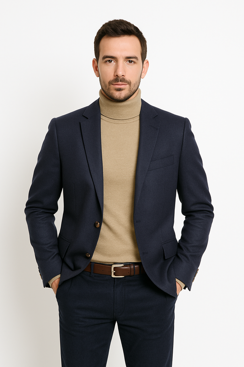 Navy cashmere men's jacket with notch lapel. Tailored, slim fit. Features: two buttons, two front pockets, buttoned cuffs, and chest pocket. Smooth texture.
