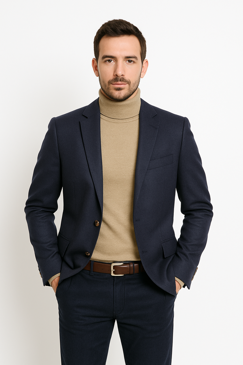 Navy cashmere men's jacket with notch lapel. Tailored, slim fit. Features: two buttons, two front pockets, buttoned cuffs, and chest pocket. Smooth texture.

