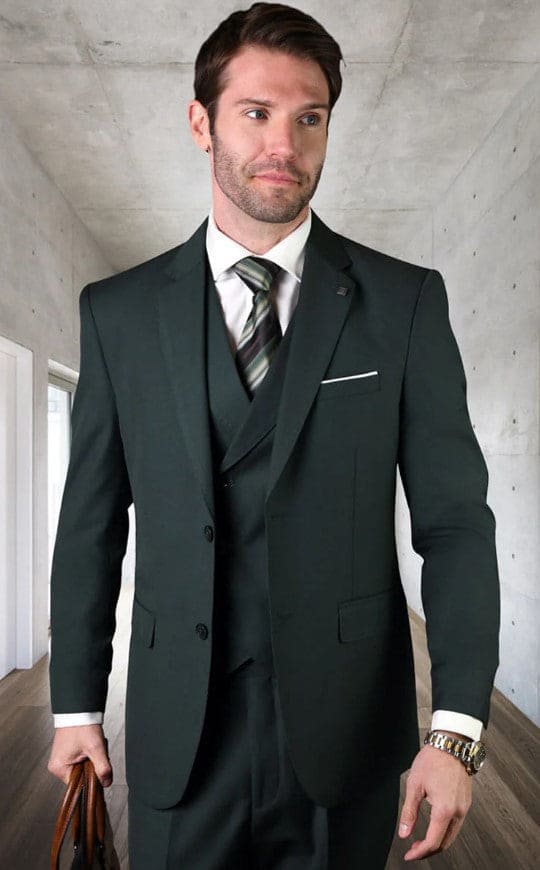 Men's Designer Modern Fit Double Breasted Vest Wool Wedding Suit in Hunter Green