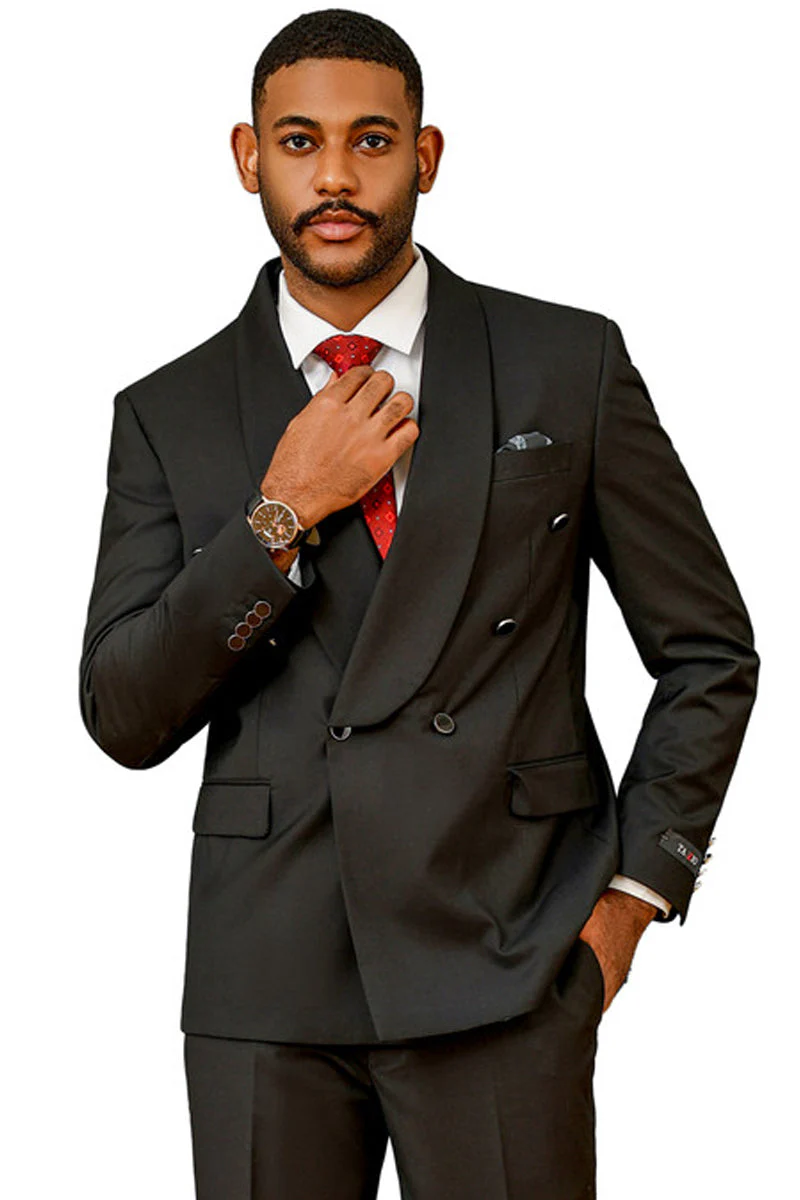 Alberto Nardoni men's modern fit black double-breasted suit. Shawl lapel, two front pockets, and button cuffs. Smooth, dark fabric with a tailored silhouette.

