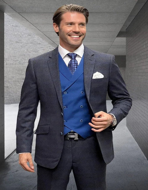 Cobalt Blue Suit - Men's Modern Fit Wool & Cashmere Plaid Sapphire Blue Business Suit