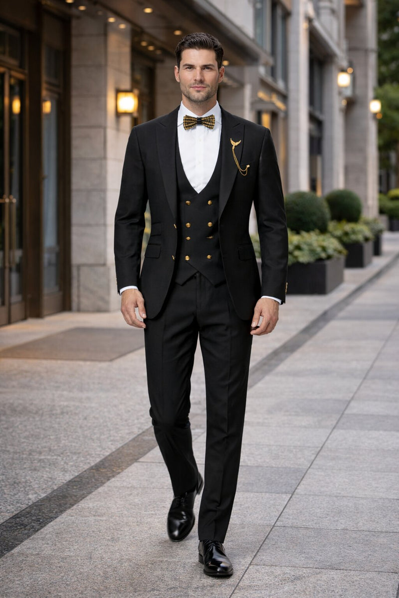 Mens Two Button Peak Lapel Suit Black