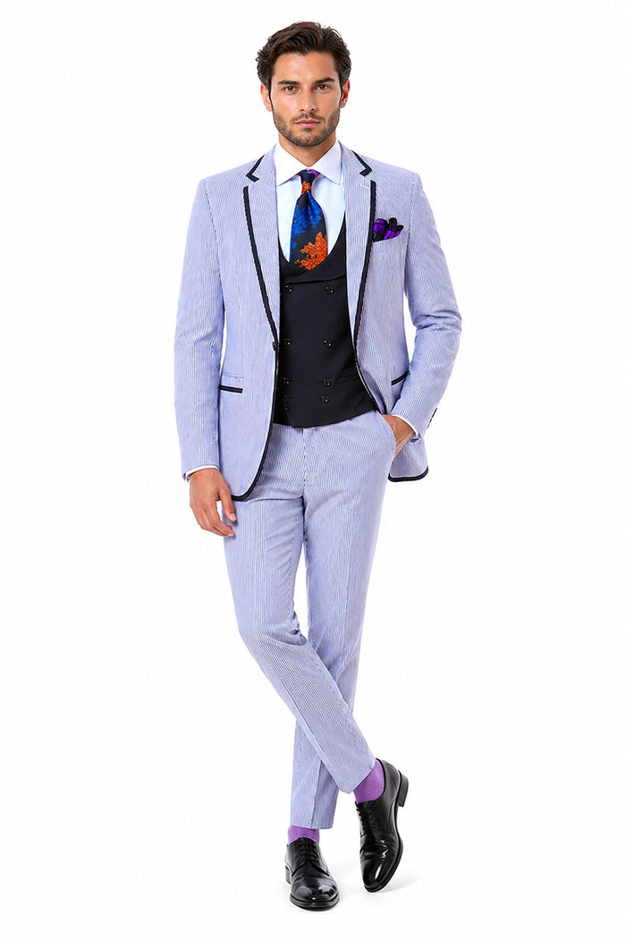Men's One Button Vested Fashion Seersucker Suit with Double Breasted Vest in Blue