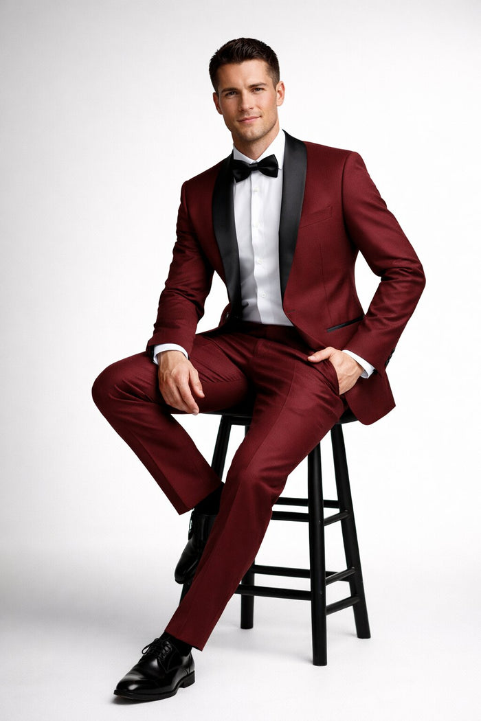 Mens Slim Fit 1 Button Shawl Tuxedo in Burgundy
