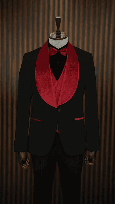 Black and Red Velvet Lapel Tuxedo -  Red Wedding One Button  Tuxedo - Two Toned