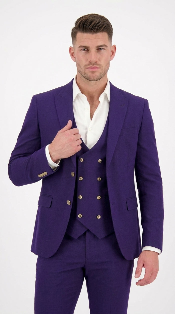 Men’s Purple and Gold 3 Piece Suit, Modern Fit Peak Lapel Wedding Prom Dress Suit