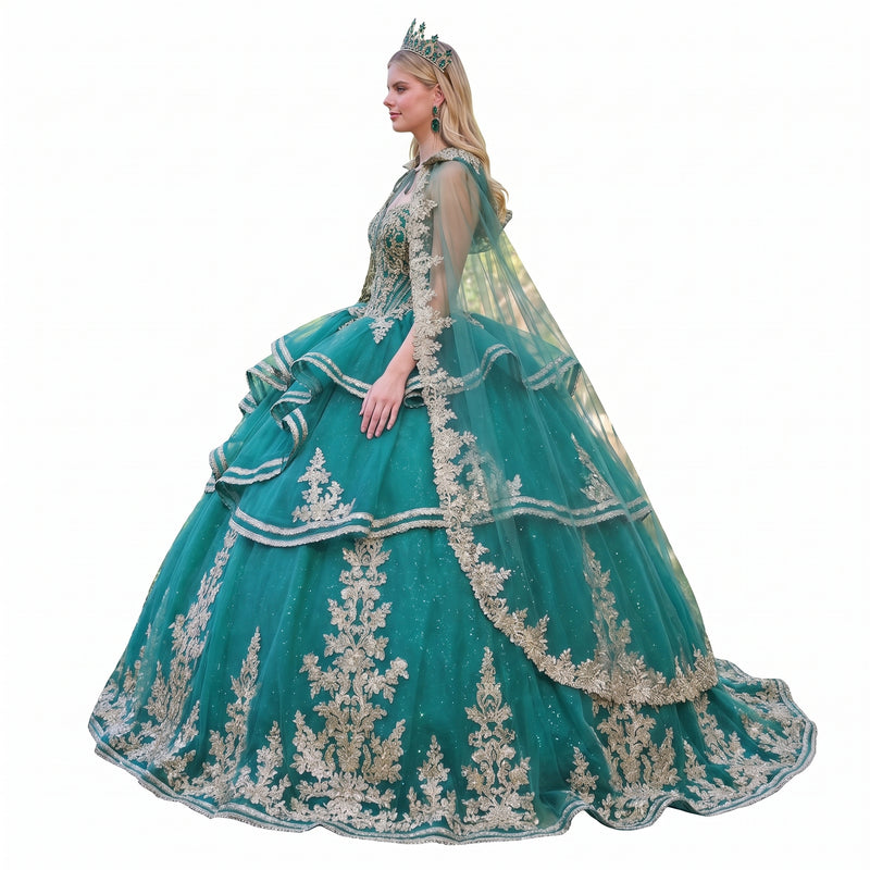 Elizabeth K GL3671 Emerald Green Quinceañera Ball Gown – Strapless Sweetheart Beaded Corset Dress with Ruffle-Tier Skirt & Embroidered Cape