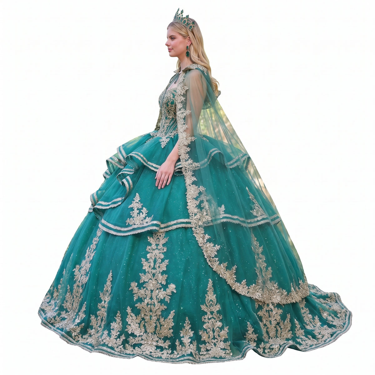 Elizabeth K GL3671 Emerald Green Quinceañera Ball Gown – Strapless Sweetheart Beaded Corset Dress with Ruffle-Tier Skirt & Embroidered Cape