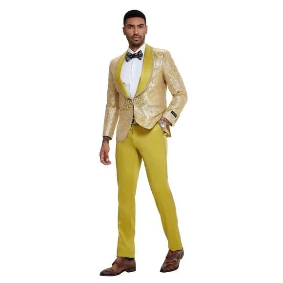 2026 Prom Special Mustard Paisley 2pc Mens Suit by Tazzio