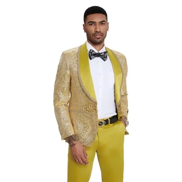 2026 Prom Special Mustard Paisley 2pc Mens Suit by Tazzio