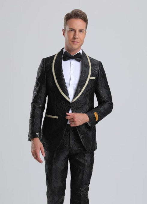 Men's Fancy Black Floral Paisley Prom Tuxedo with Gold Trim