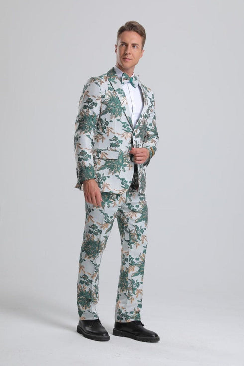 Floral Suit Green, White & Gold Tuxedo Prom Suit $199