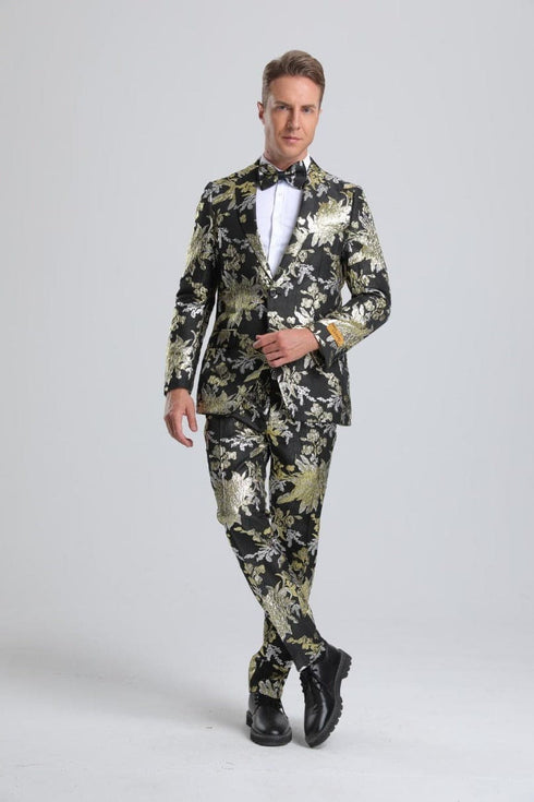 Floral Suit Black, Gold & Silver Floral Tuxedo Prom Suit $199