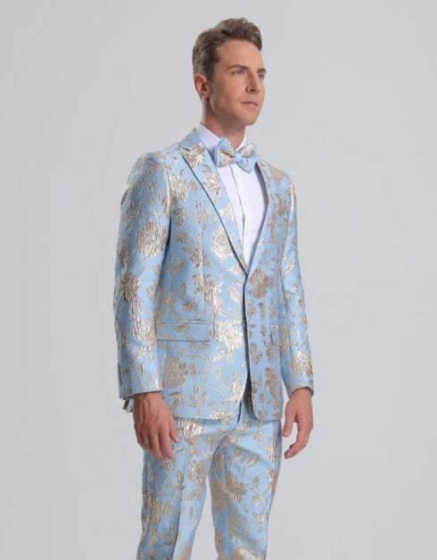 Men's Sky Blue & Silver Gold Floral Paisley Prom Tuxedo