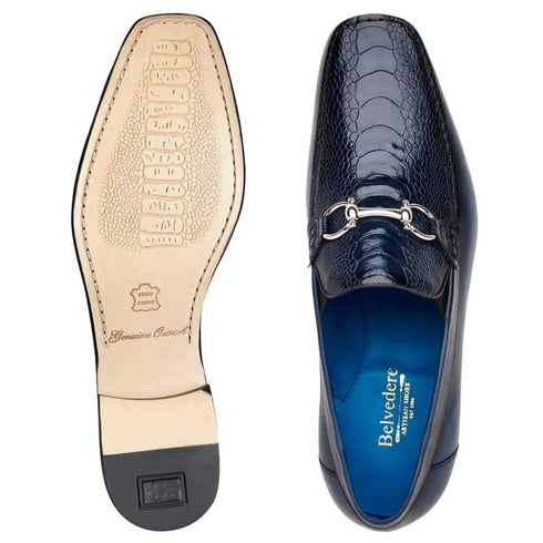 Men's Belvedere Bruno Calfskin & Ostrich Leg Buckle Loafer In Navy