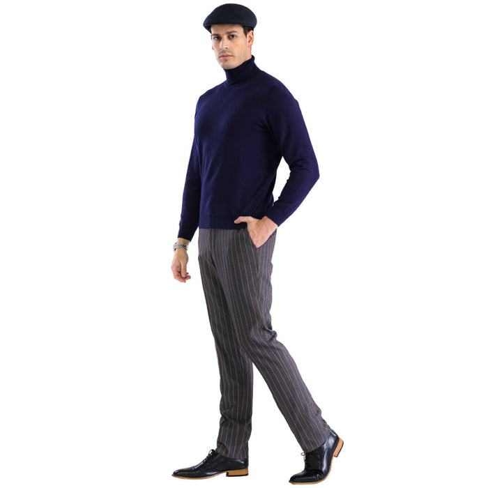 Navy men's turtleneck sweater. Fitted silhouette with long sleeves and a high, ribbed turtleneck. Smooth, stretchy fabric for a close fit.
