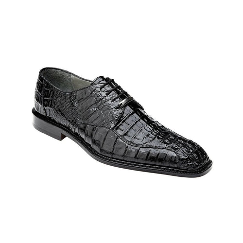 Glossy black Belvedere Chapo oxfords crafted from crocodile hornback leather. Elongated shape, pointed toe, and lace-up design. Features a distinctive hornback texture and flat leather sole.
