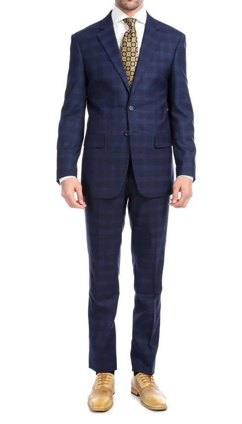 Yves Navy Blue Plaid Check Men's Premium 2pc Premium Wool Slim Fit Suit