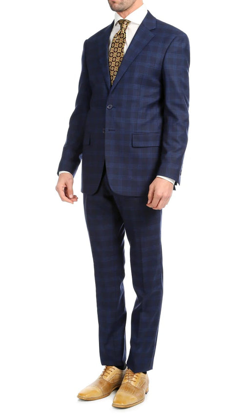 Yves Navy Blue Plaid Check Men's Premium 2pc Premium Wool Slim Fit Suit