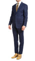 Yves Navy Blue Plaid Check Men's Premium 2pc Premium Wool Slim Fit Suit