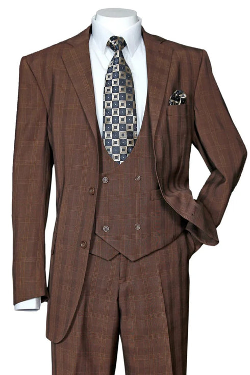 Mens Plaid Suit - Patterned Business Suit - Mens Modern Fit Plaid Windowpane Suit With Double Breasted Scoop Vest In Brown