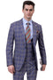 Mens Plaid Suit - Patterned Business Suit - Mens Modern One Button Vested Fashion Suit In Grey & Navy Blue Windowpane Plaid