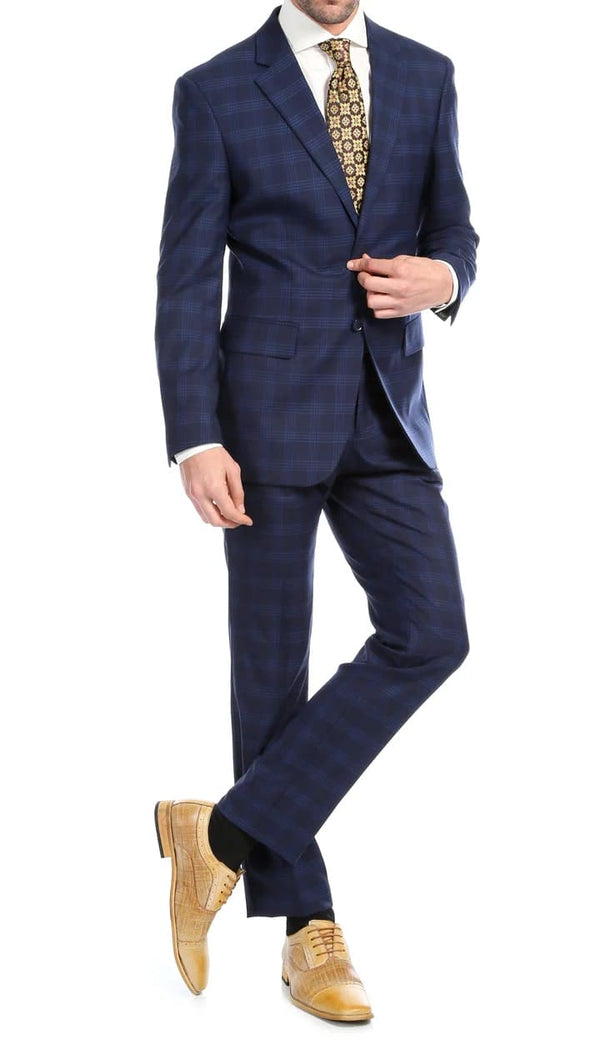 Yves Navy Blue Plaid Check Men's Premium 2pc Premium Wool Slim Fit Suit