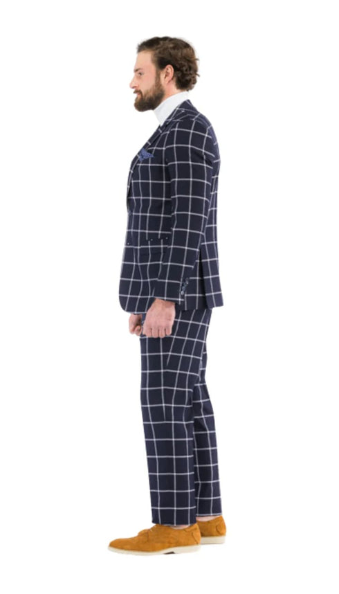 Harvy Mens Slim Fit Navy Check Plaid Suit