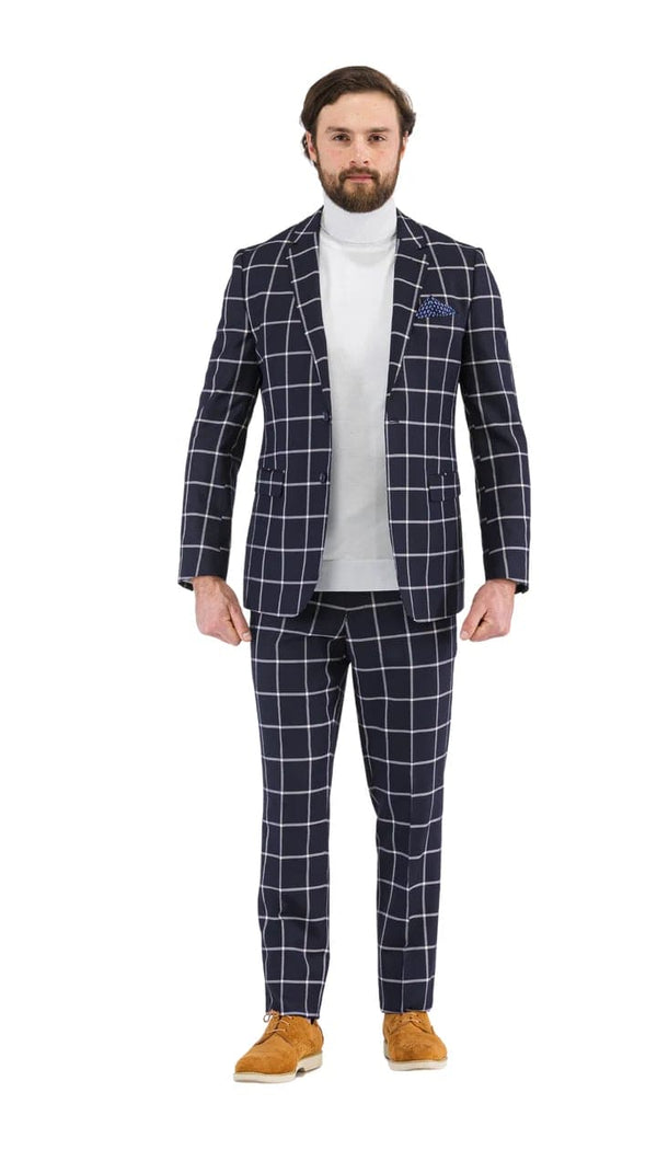 Harvy Mens Slim Fit Navy Check Plaid Suit