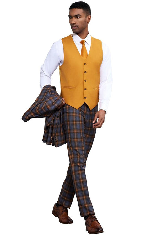 Men's Stacy Adams suit: Grey & gold plaid, solid gold vest, tailored trousers, and matching jacket. Smooth fabric, bold windowpane print.
