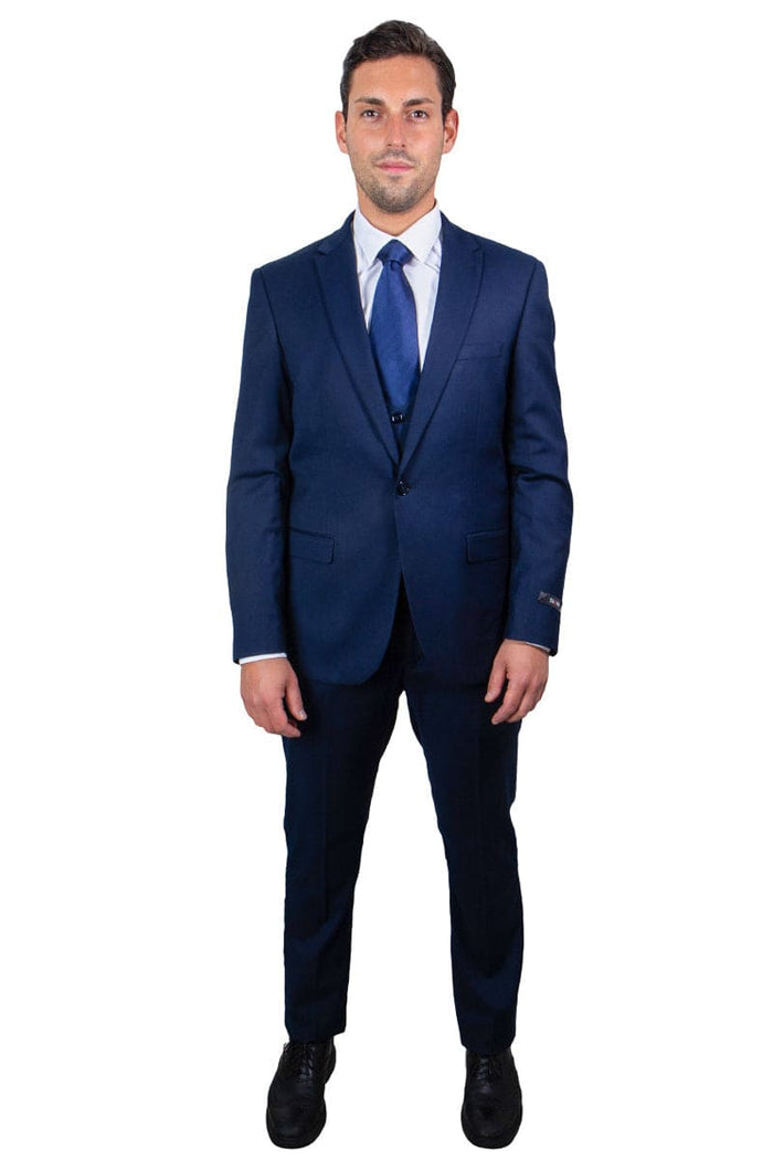 "Navy Blue Men's Skinny Wedding & Prom 2026 Suit with One Button Peak Lapel & Lowcut Vest"