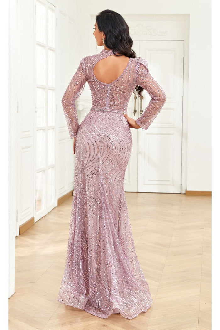 High Couture NR2284 Fitted Long Ruffle Sequin Formal Evening Dress