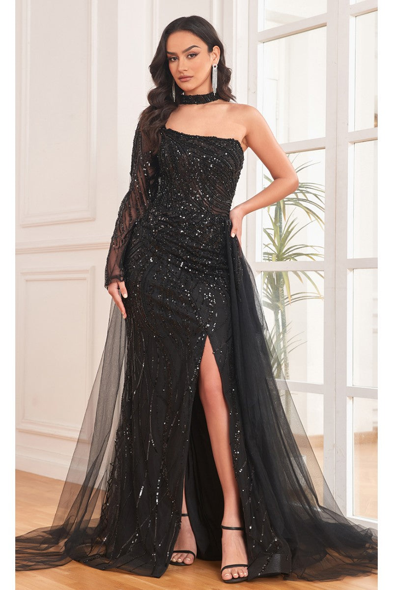 High Couture NR2292 Long Slit Formal Fitted Sequin Evening Dress