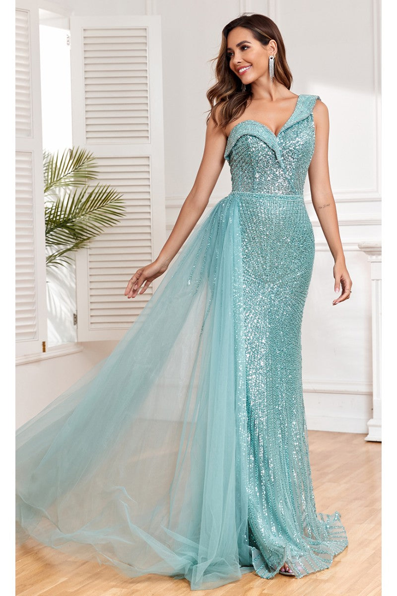 High Couture NR2303 Fitted Long Overskirt Beaded Formal Sequin Evening Dress