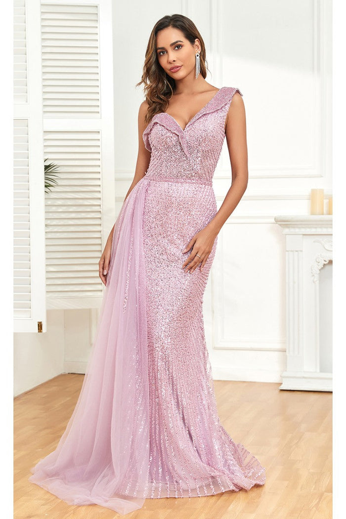 High Couture NR2303 Fitted Long Overskirt Beaded Formal Sequin Evening Dress