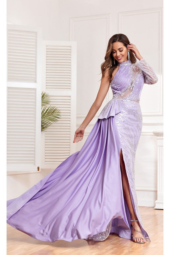 High Couture NR2311 Long Ruffle Slit Formal Beaded Evening Dress