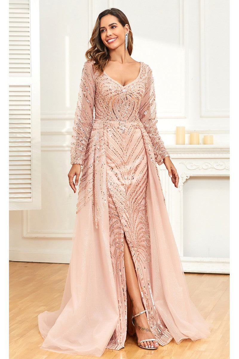 High Couture NR2328 Long Formal Slit Beaded Evening Overskirt Dress