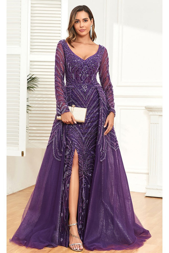High Couture NR2328 Long Formal Slit Beaded Evening Overskirt Dress