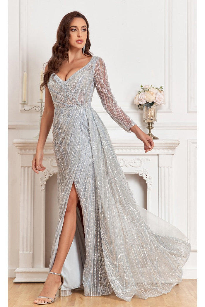 High Couture NR2351 Long Slit Formal Fitted Evening Bedaded Dress