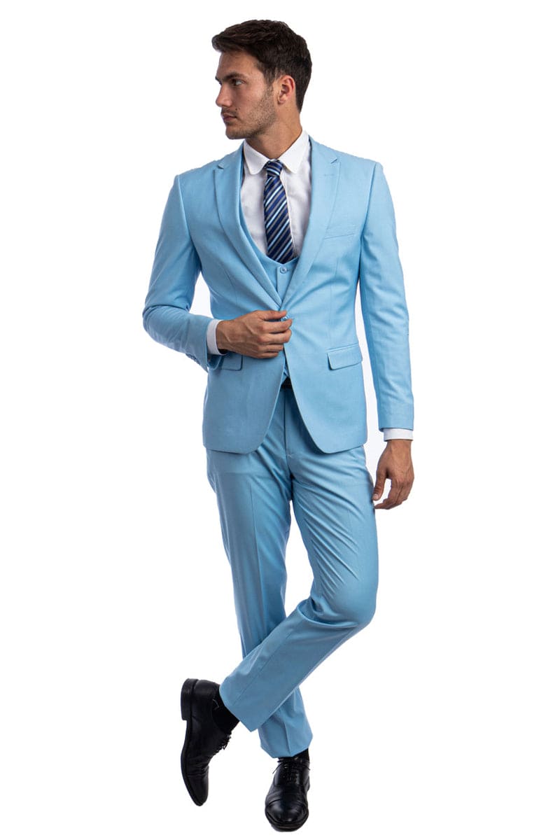 "Sky Blue Men's Skinny Wedding & Prom 2026 Suit - One Button Peak Lapel with Lowcut Vest"