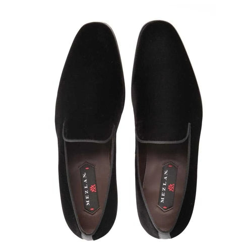 Mezlan Lublin loafers: Black velvet slip-ons with an elongated shape and rounded toe. Soft texture, subtle stitched trim, and dark brown insoles. Durable outsole. Formal and stylish.
