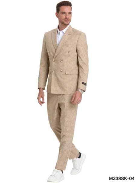 Narrow Legs Ultra Slim Fit Double Breasted Wool Suits Gold Cream Suit - AlbertoNardoniStore