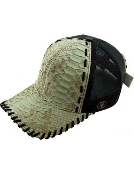 Genuine ostrich python baseball cap. Textured light beige python front, contrasting black mesh back. Stitched black brim border.
