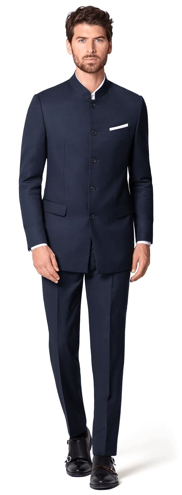 4 Button  Banded Collar Suit  One Chest Pocket  Two Flap Front Pockets  Color: Navy Blue