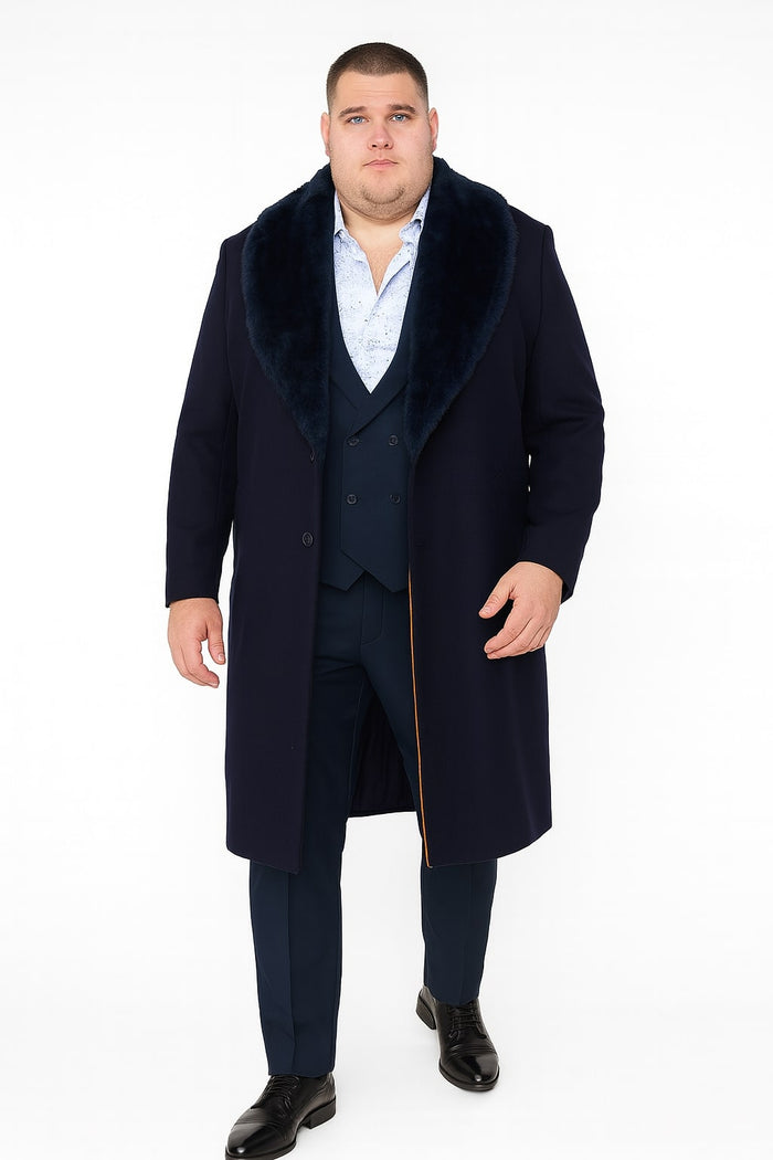 Navy blue men's overcoat with faux fur collar. Long, tailored silhouette for formal/casual wear. Single-breasted design with visible buttons.
