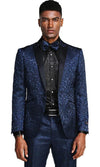 Mens One Button Slim Fit Paisley Wedding and Navy Blue Prom Tuxedo