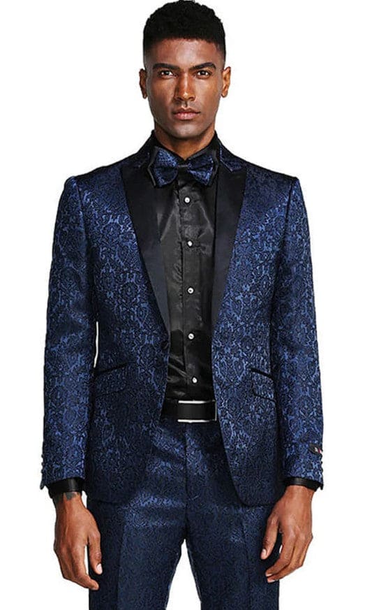 Mens One Button Slim Fit Paisley Wedding and Navy Blue Prom Tuxedo