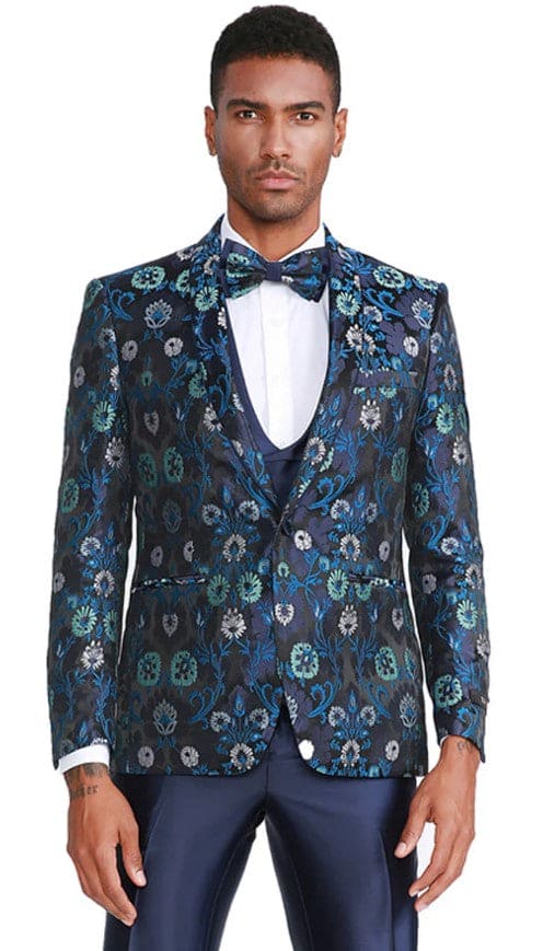 Mens One Button Vested Floral Print Prom and Wedding Tuxedo Navy Blue Satin Vest and Pants