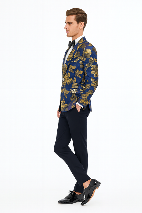 Navy blue men's tuxedo jacket with gold floral/paisley pattern. Slim fit, matching bowtie. Luxurious, smooth material.
