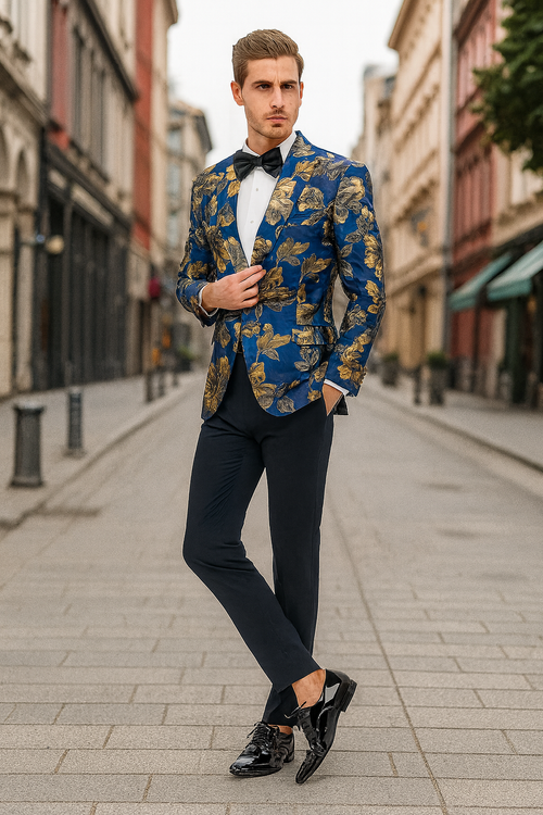 Navy blue slim-fit tuxedo jacket for men with gold floral, paisley patterns. Includes a matching gold patterned bowtie.
